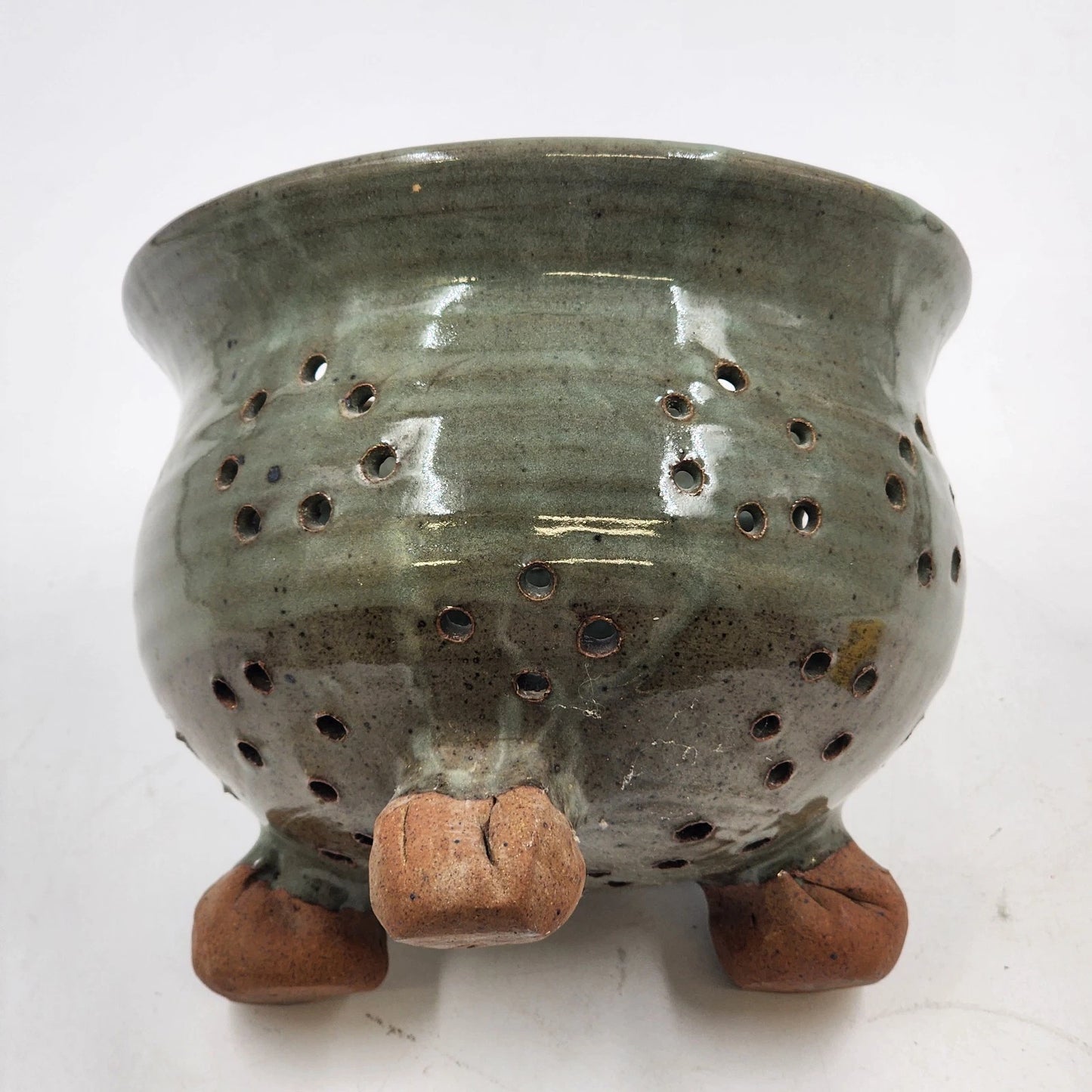 Handmade Pottery Berry Colander Strainer Green Studio Artisan Signed 7"