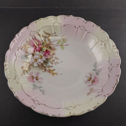 Scalloped Floral Serving Bowl Yellow Pink Hue Gold Hand Painted Leaves Trim Vtg