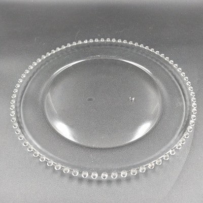 Jay Imports Serving Platter Plate 13" Round Beads Edge Clear Glass Vintage China