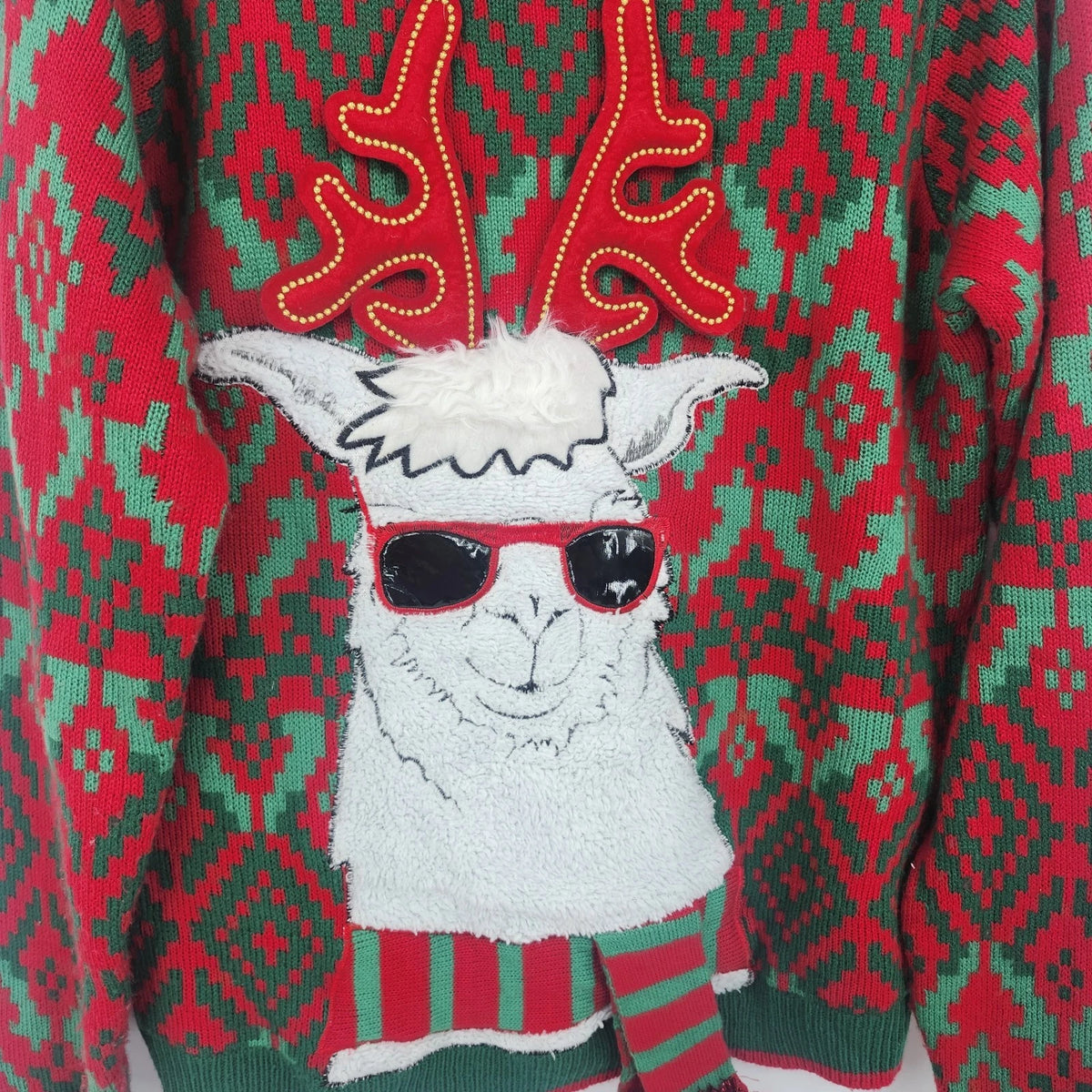 Holiday Time Llama Ugly Christmas Sweater Red Fair Isle 3D Novelty Large 42-44