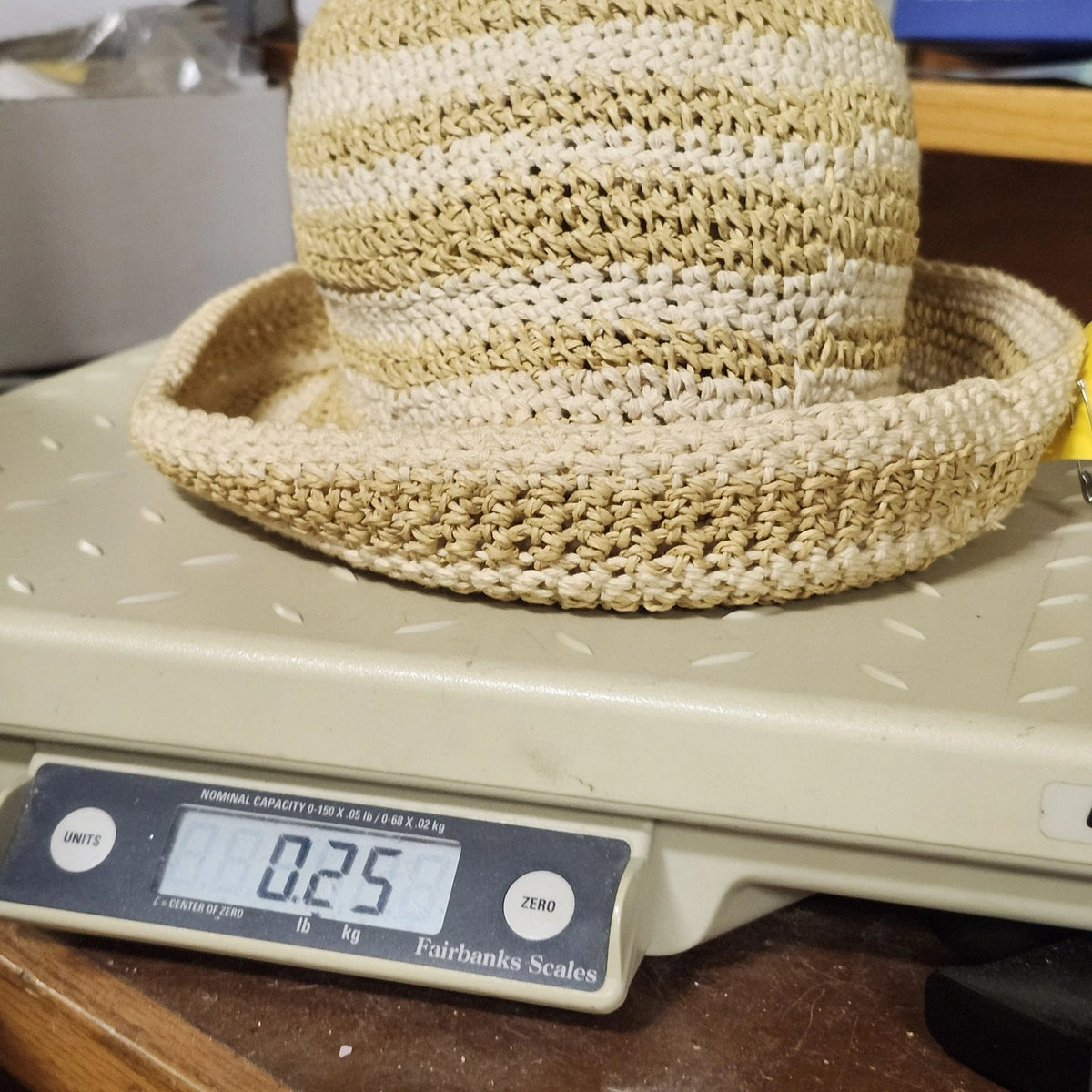 Women's Cloche Sun Hat Rolled Brim Cream Tan Striped Woven Paper Cotton OSFM