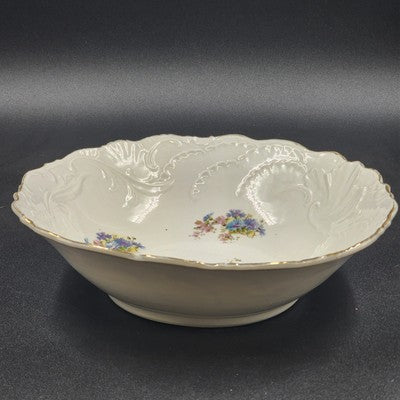 White Serving Vegetable Bowl w Blue Flower Floral Gold Scalloped Edge Embossed