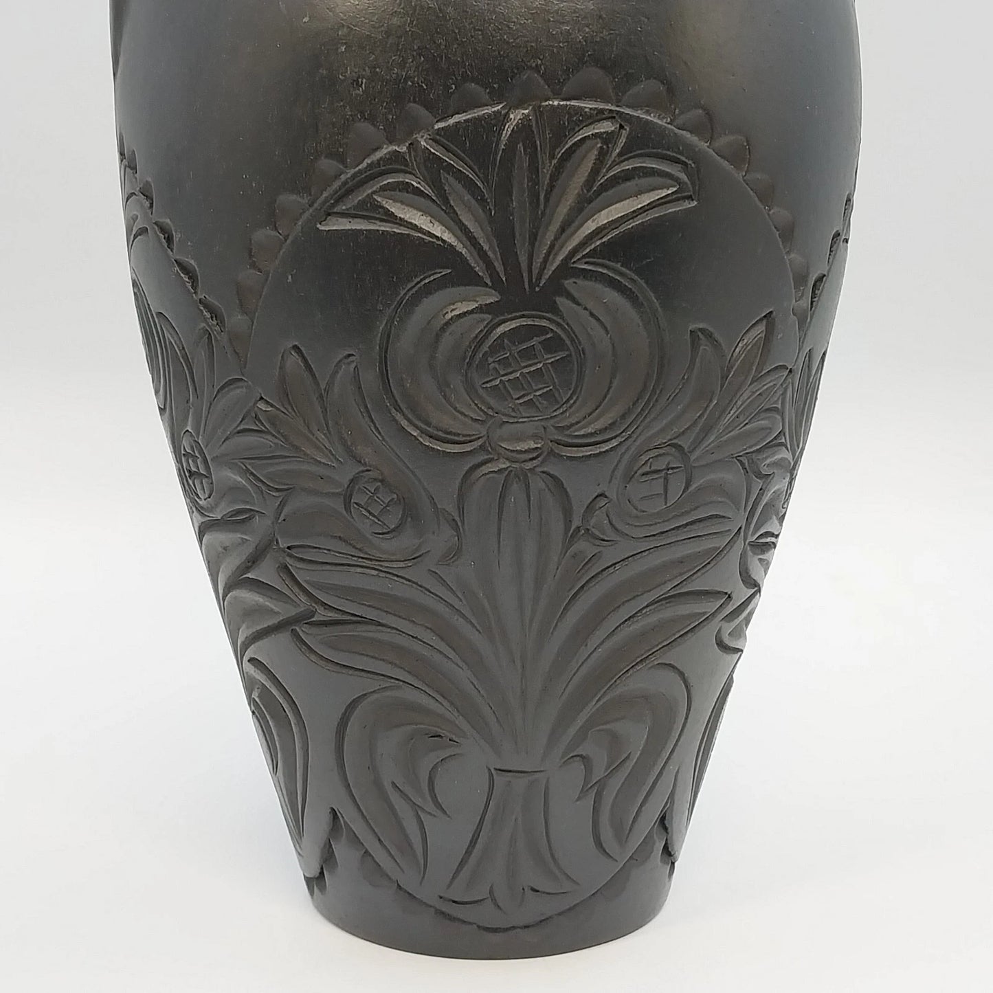Black Pottery Vase Incised Floral Double Handle Amphora Urn 14" Unmarked