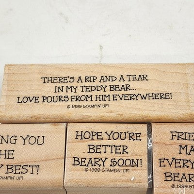 4 Wood Rubber Stamps Moral Support & Bear Theme by Stampin' Up! 1999