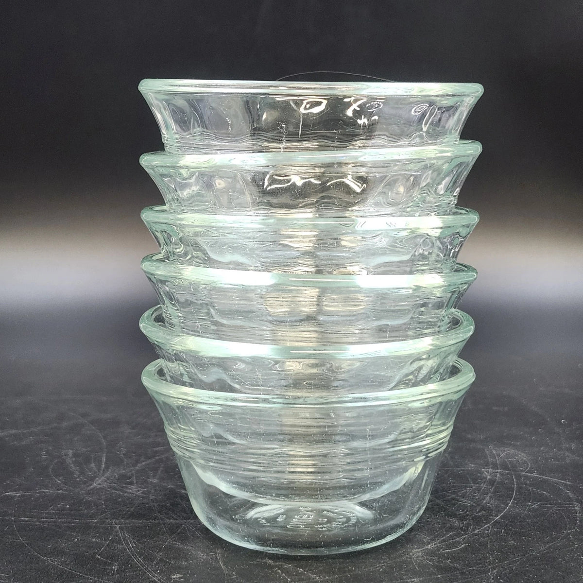 6 Pc Pyrex 463 Clear Glass Custard Cups Bowls Ramekins 6 oz Scalloped Flared Rim