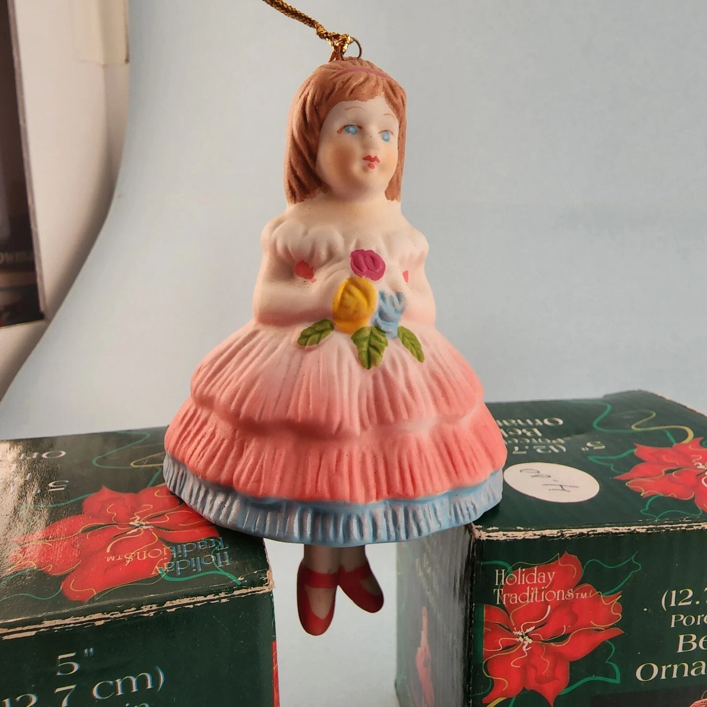 3 Young Girl Christmas Ornaments Porcelain Bell Hanging Leg Chimes w Box Vintage
