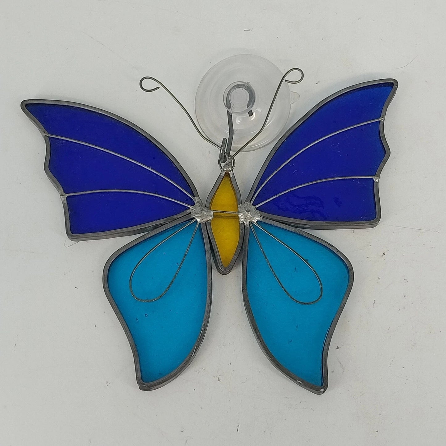 Blue Stained Glass Butterfly Suncatcher Tiffany Style Window Hang 7" Suction Cup