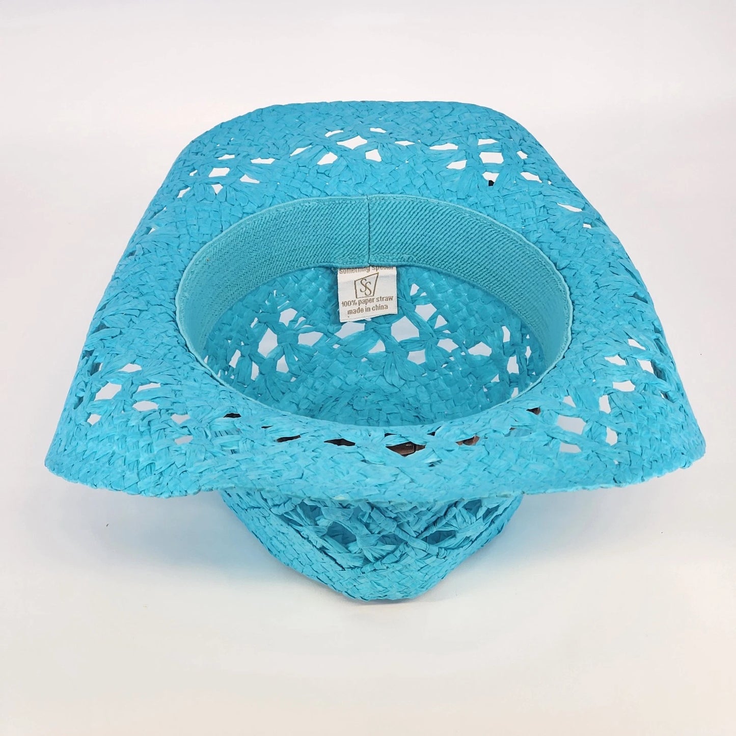 Something Special Turquoise Cowboy Hat Paper Straw Open Weave Brown Beads Boho