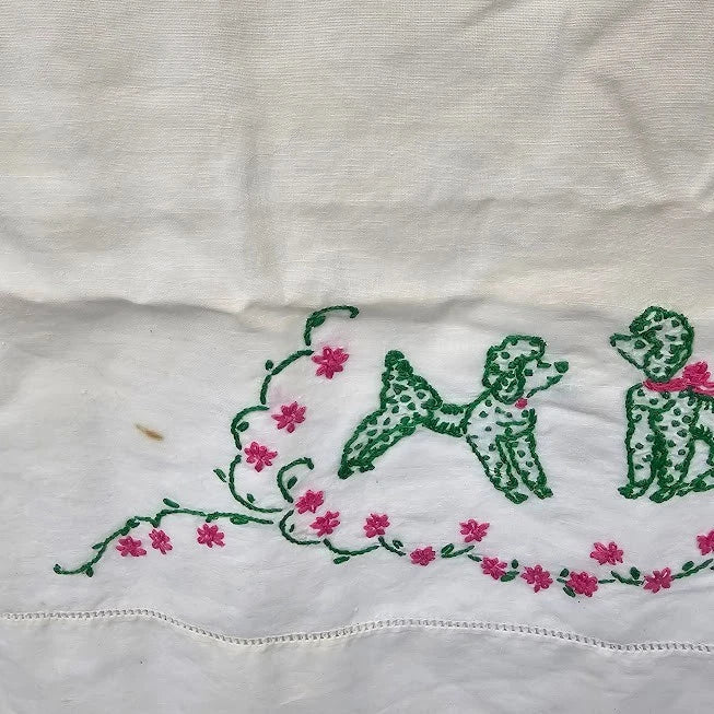 Poodle Embroidered Pillowcases Pair Pink Green Mid Century Kitschy 32" Vtg 1950s