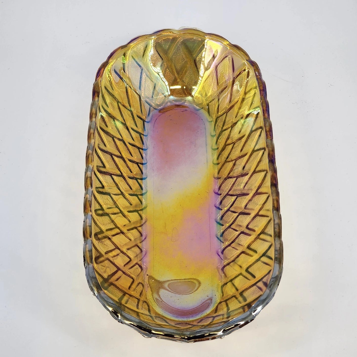 Amber Iridescent Carnival Glass Oval Serving Bowl Scalloped 10.5