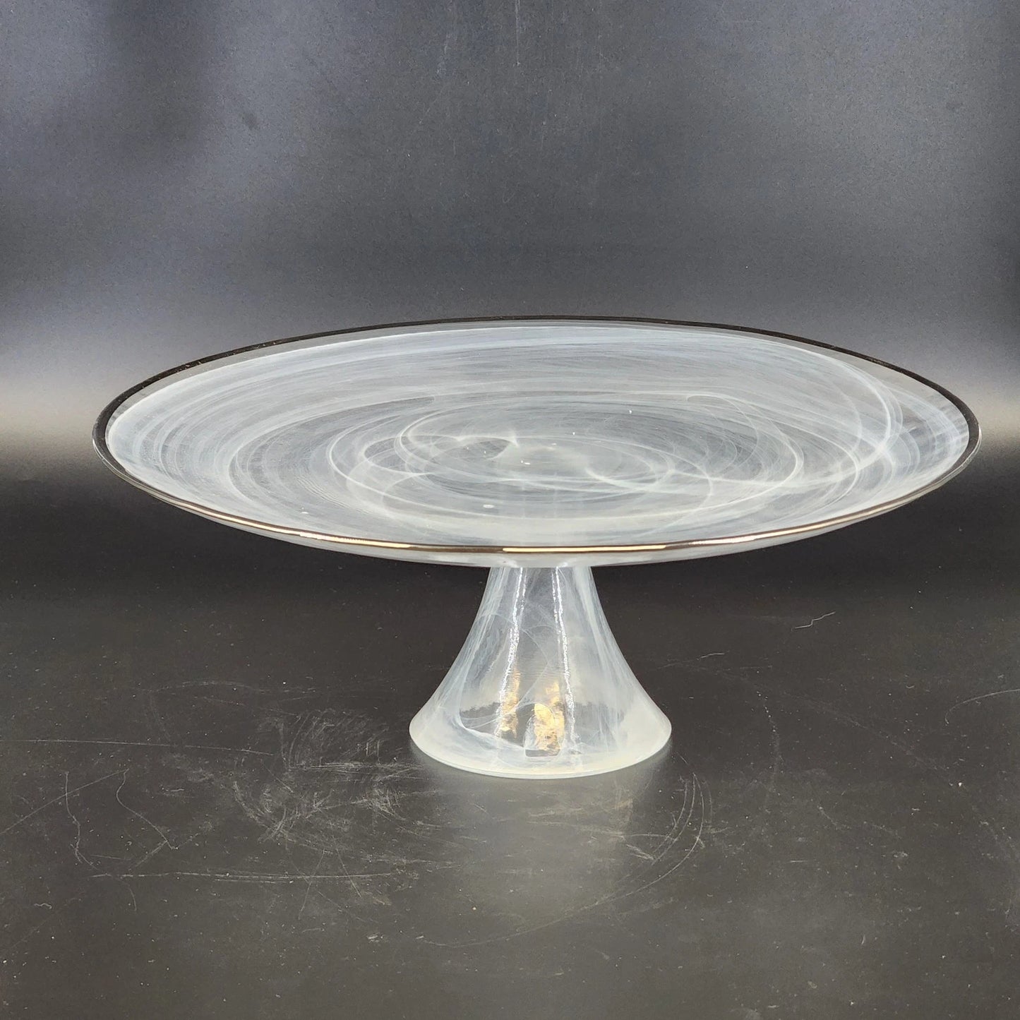 Badash White Alabaster Glass Cake Stand Swirl Silver Trim Footed 12.75" Elegant