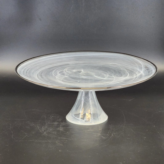 Badash White Alabaster Glass Cake Stand Swirl Silver Trim Footed 12.75" Elegant
