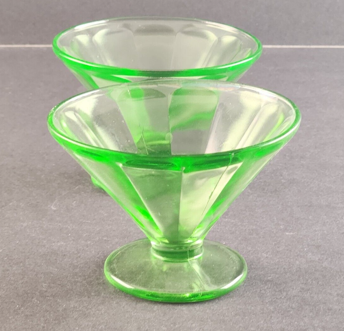 Set of 2 Depression Glass Footed Dessert Bowl Vintage Green Tinted Vaseline