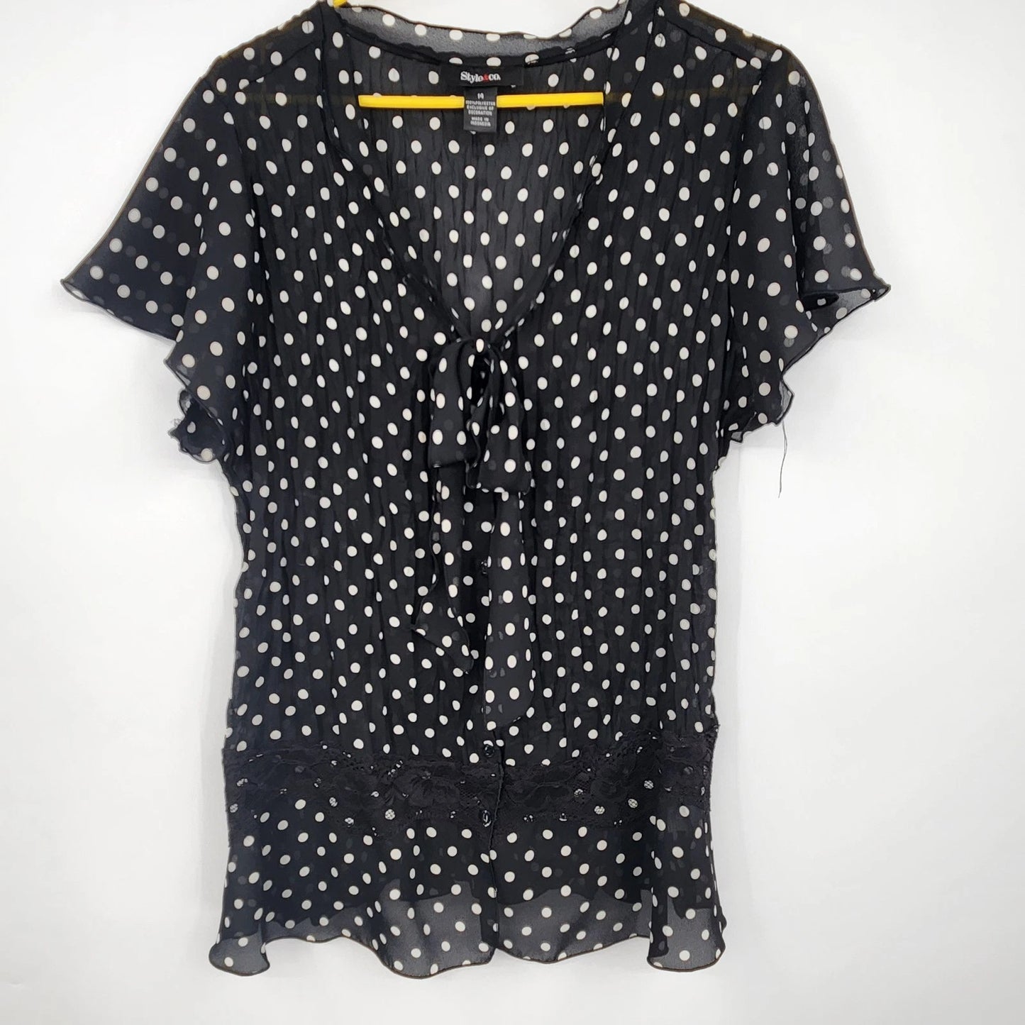 Style & Co Tunic Top Women 14 Black White Polka Dot Long Sleeve Blouse Polyester