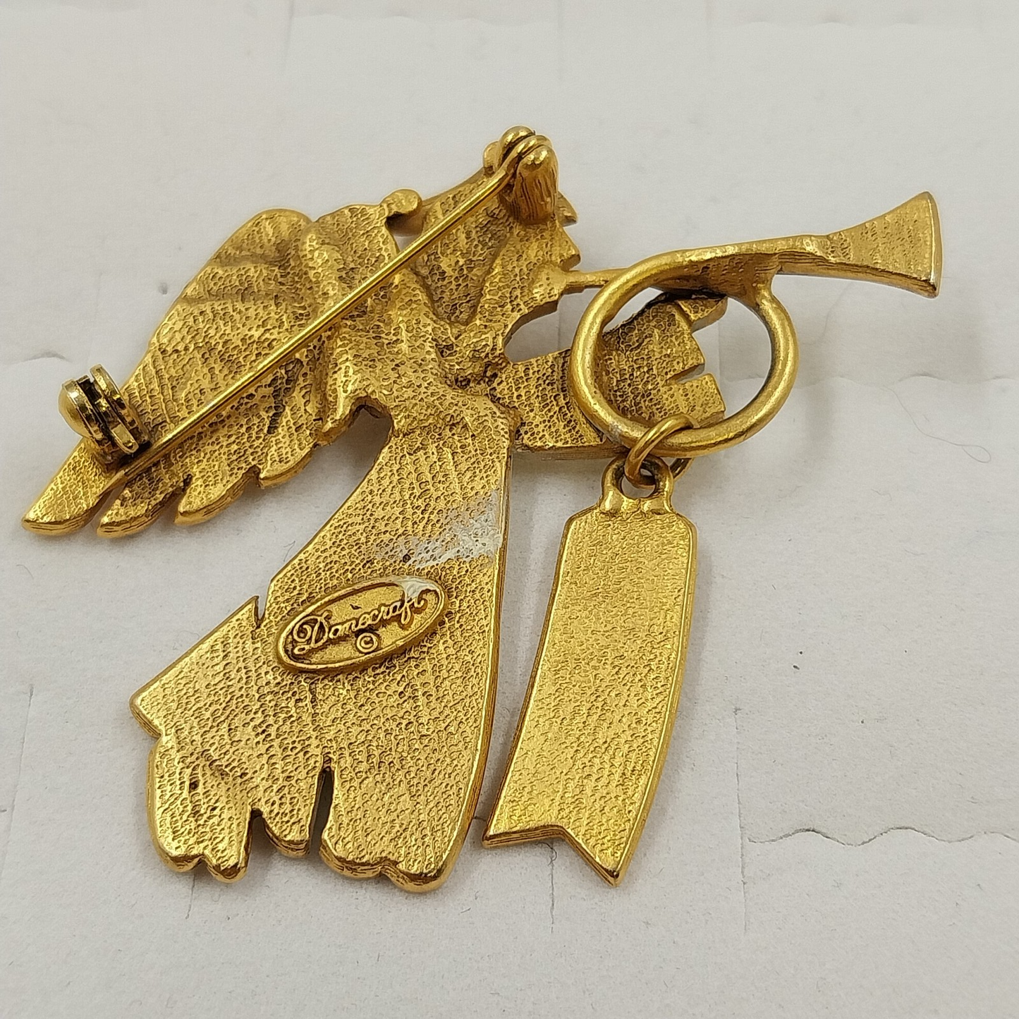 Danecraft Gold Tone and White Enamel Noel Angel Brooch Lapel Pin Signed Vintage