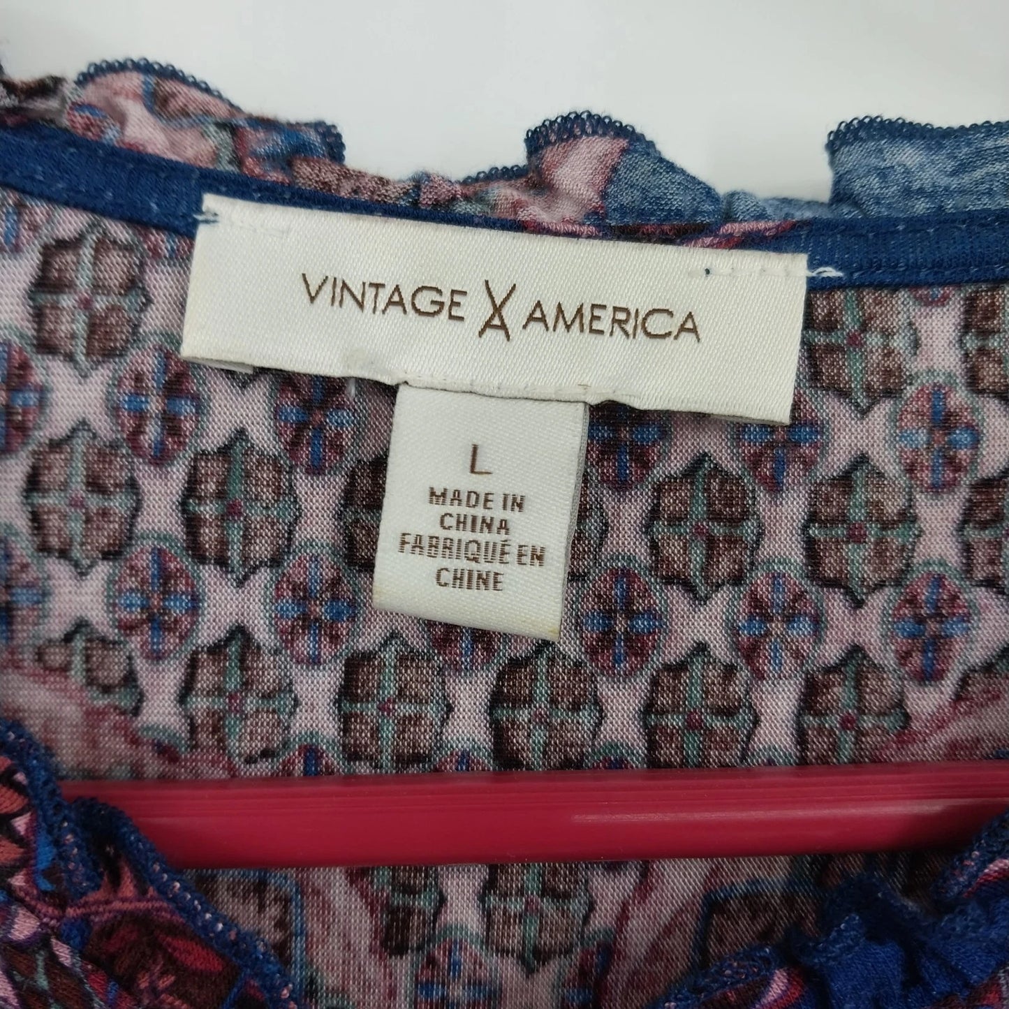 Vintage America Blues Women's Geometric Peasant Top Blue Pink Boho Size L