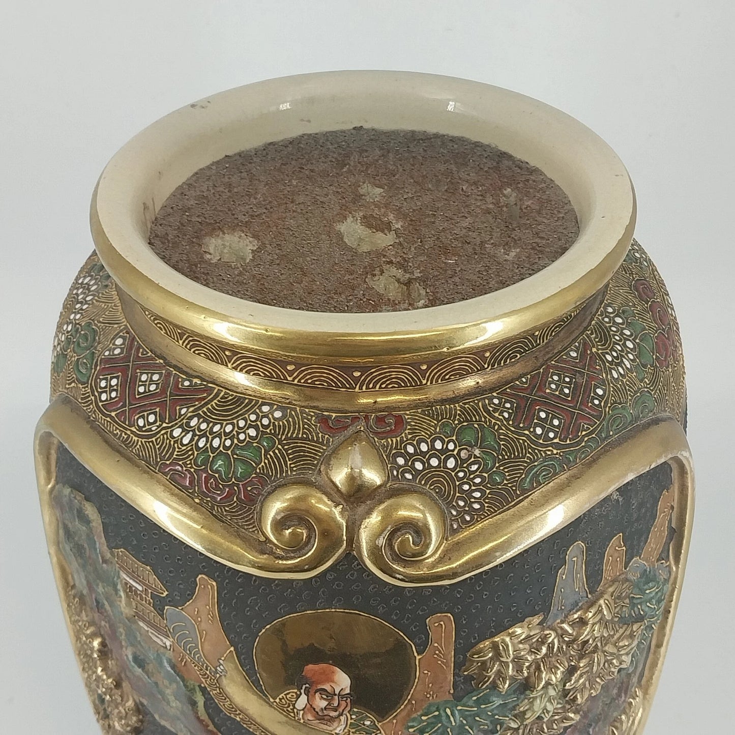 Japanese Moriage Satsuma Vase Lamp Base Gold Gilt Raised Relief 14.5" Antique