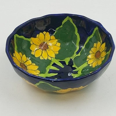 Mexican Folk Art Pottery Serving Bowl 8”x3" Talavera Sunflowers and Leaf Design