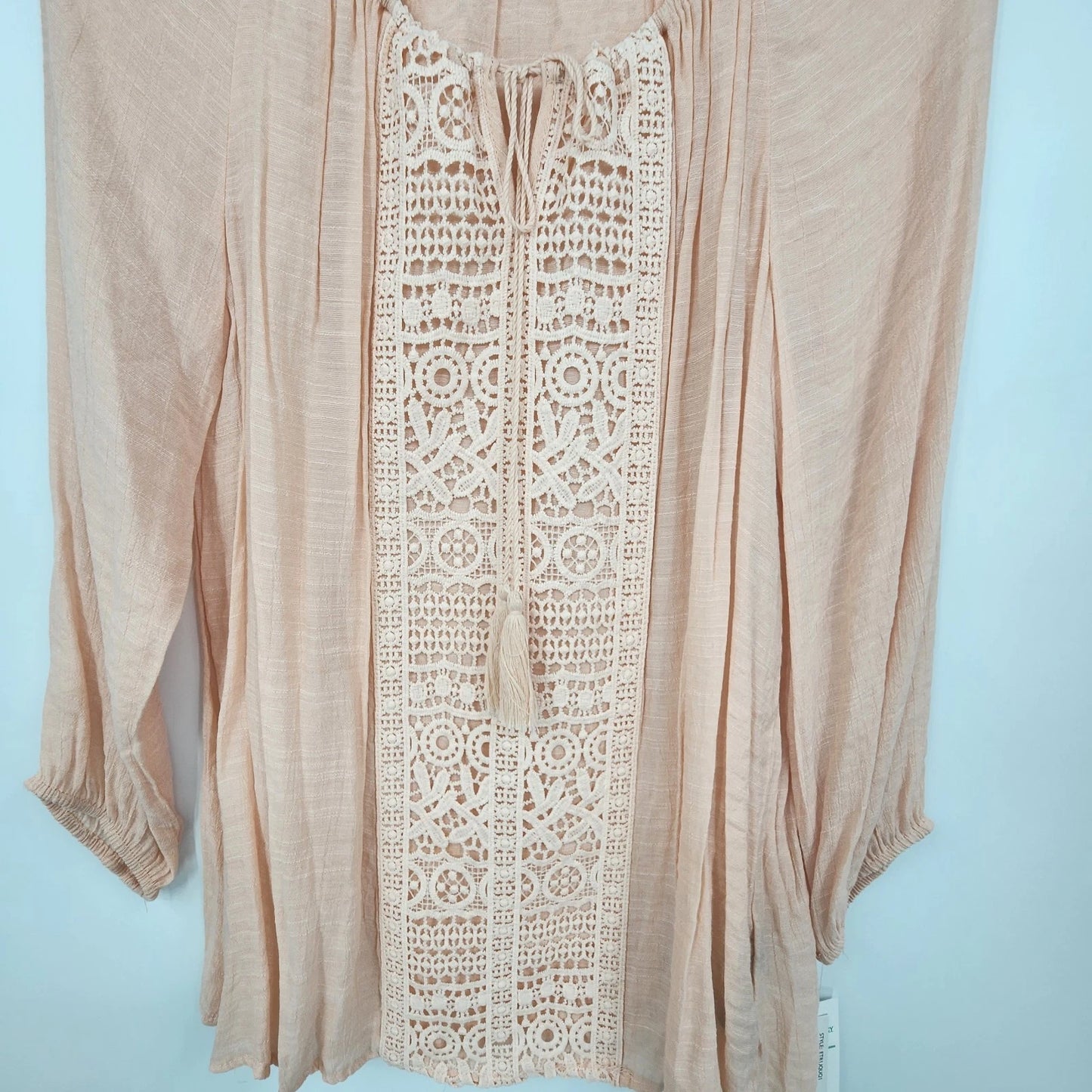 Zac and Rachel Peach Lace Blouse Boho Tie Neck Women Medium