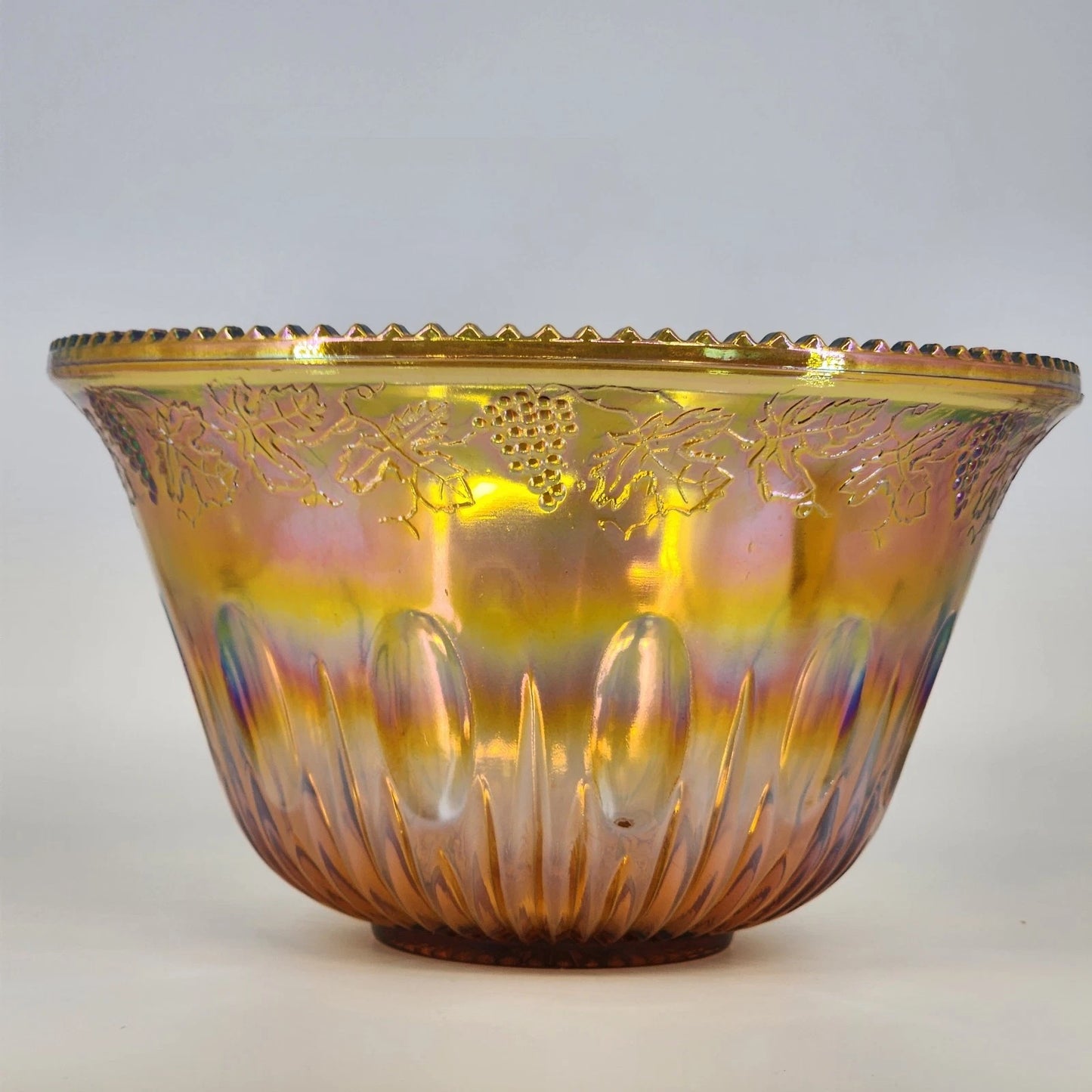 Indiana Carnival Glass Punch Bowl 7 Qt Iridescent Amber Gold Harvest Grape 12"d