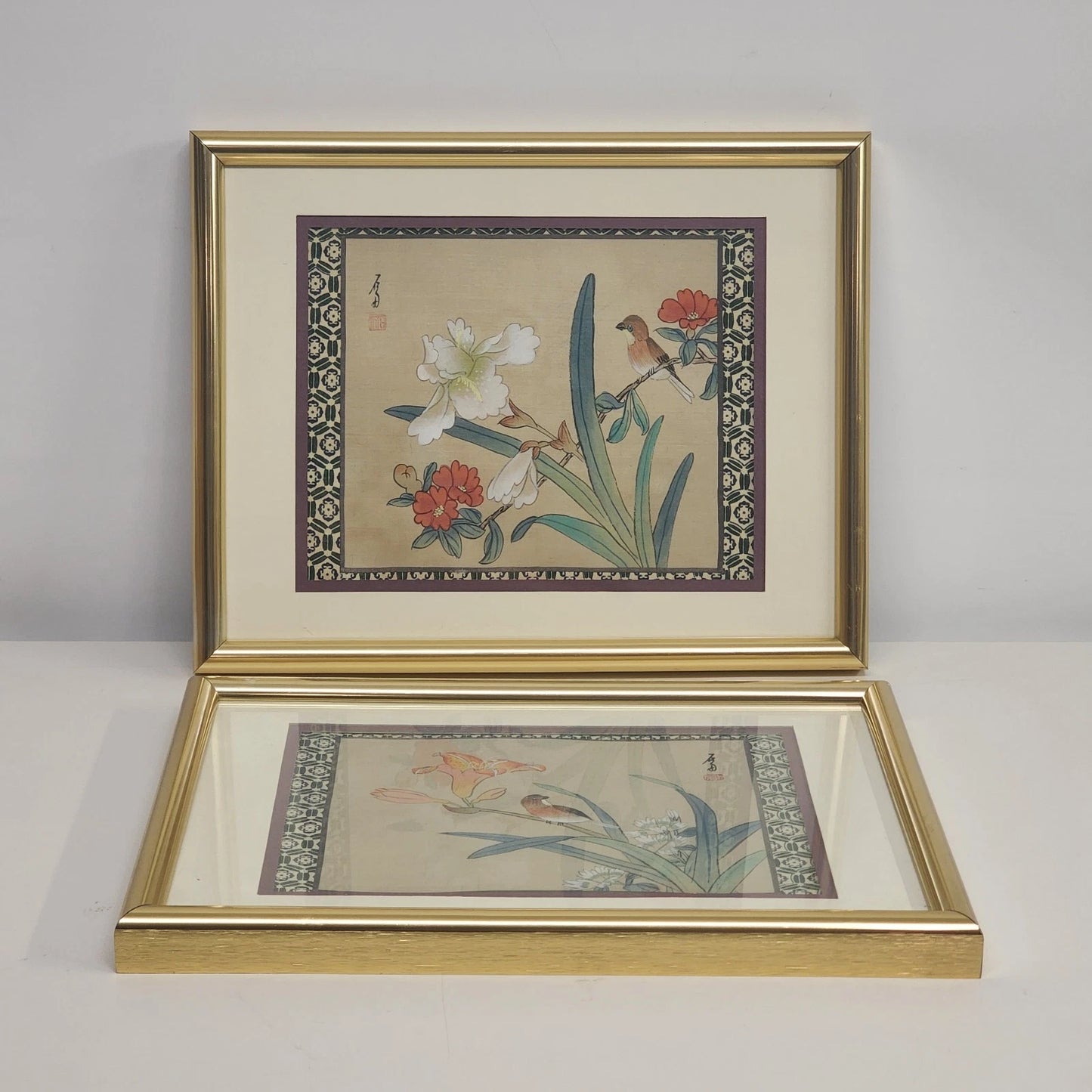 Pair Chinese Silk Paintings Birds Flowers Gold Frame 14x11 Vintage Wall Art
