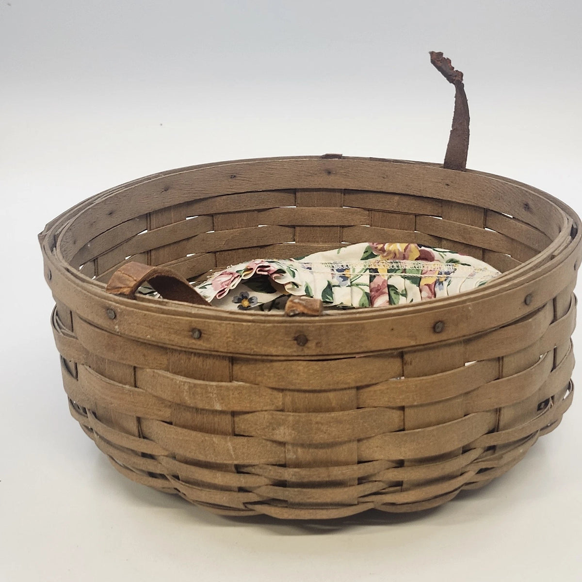 Longaberger Darning Basket 10" Round Floral Liner Double Leather Handle Vtg USA