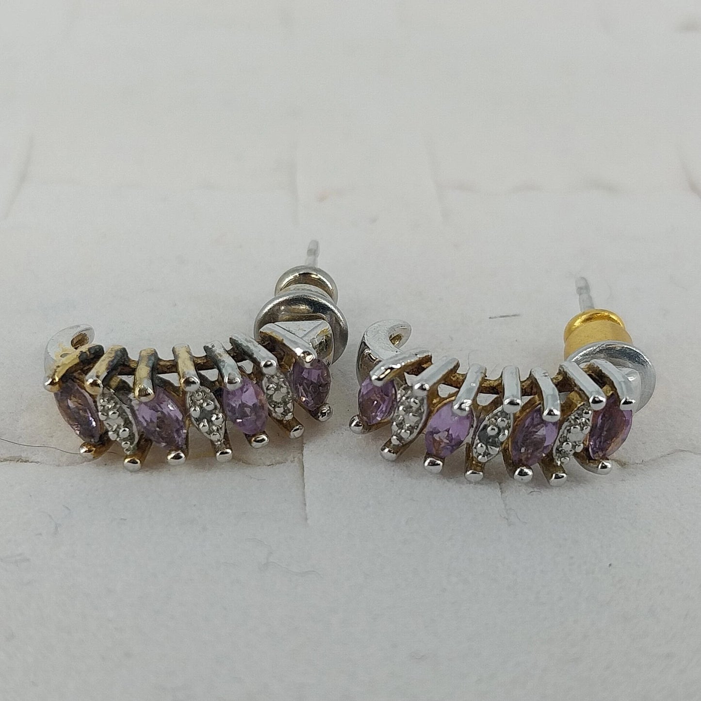 Purple Clear Marquise Crystal J Hoop Earrings Silver Tone Post Back Vintage