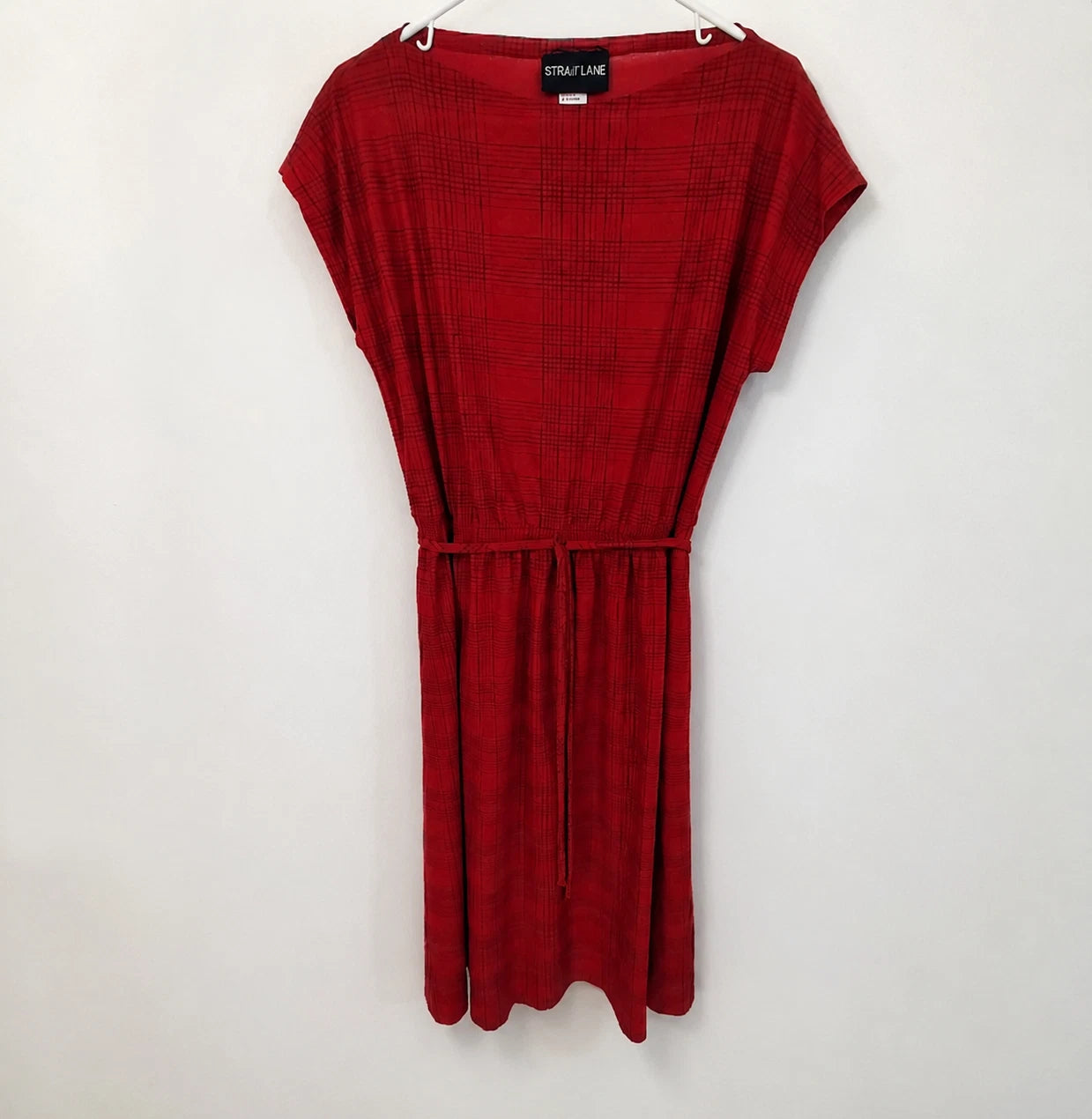 Strait Lane Red Plaid Dress Self-Tie Waist Women's 14 Short Sleeve Polyester 41"