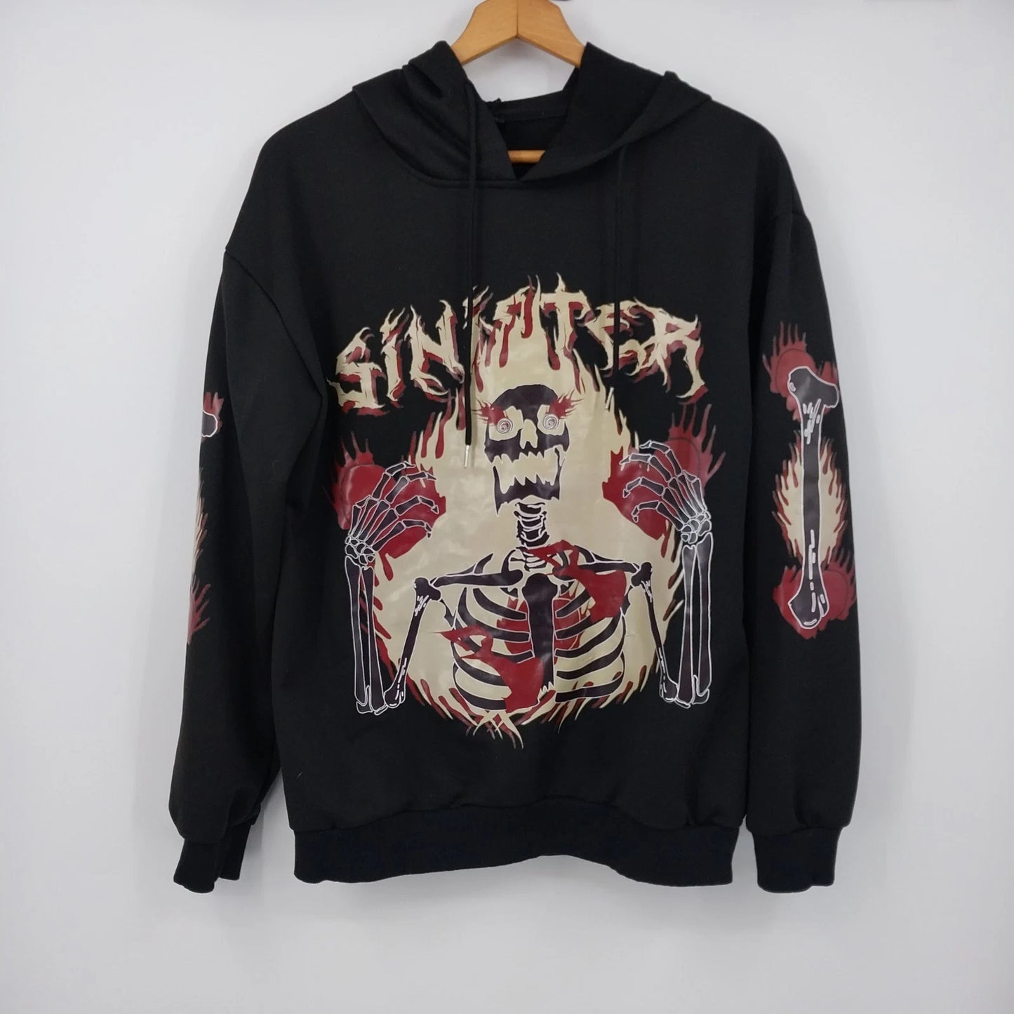 Romwe Men's Sinister Grunge Hoodie Black Poly Knit Streetwear Graphic Goth Sz M
