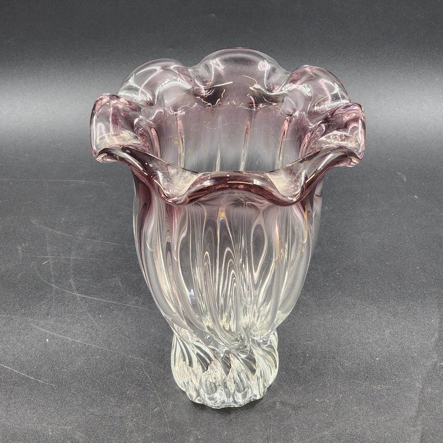 Shannon Crystal Designs of Ireland Hand Blown Glass Amethyst Vase Scalloped 9.5"