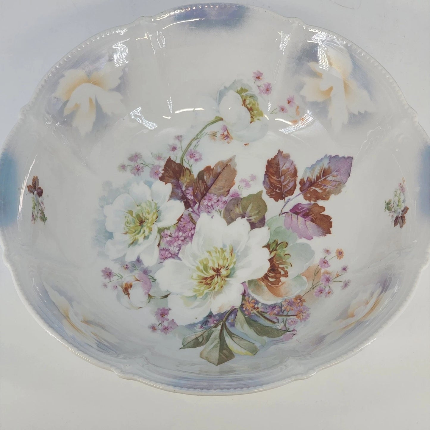 German Transferware Serving Bowl Roses Floral Scalloped Beaded Rim 10.5" Antique