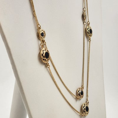 Avon Gold Tone Double Strand 15" Necklace with Black Onyx & Gold Tone Accents