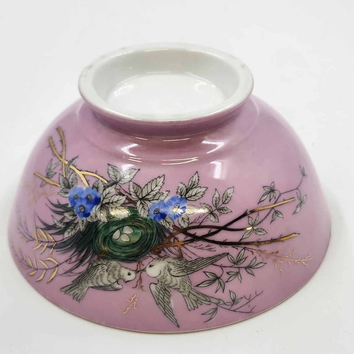 Pink Porcelain Footed Bowl Birds Nest Blue Flowers Gold Trim 6.25" Kitchen