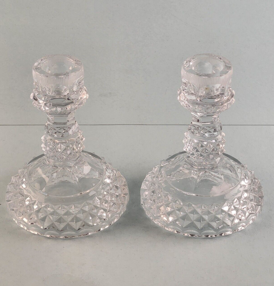 Set of 2 Clear Glass Candlestick Holders Diamond Hobnail Taper Candles Vintage