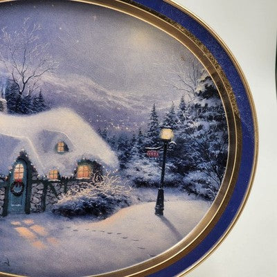 Thomas Kinkade Christmas Winter Cozy Cottage Scene Oval Tin Tray 14.5x11.5" 1997