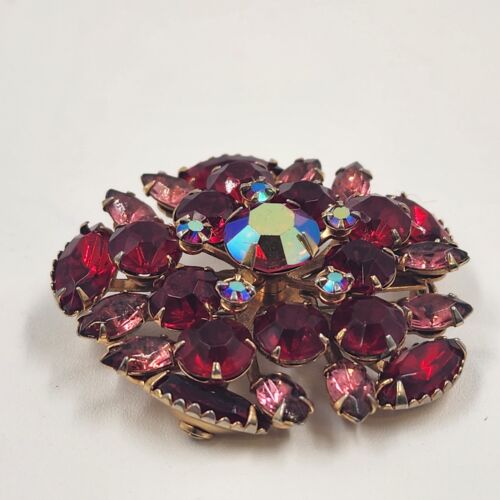 Red & Pink Rhinestone Brooch, Round 2" Diameter Vintage