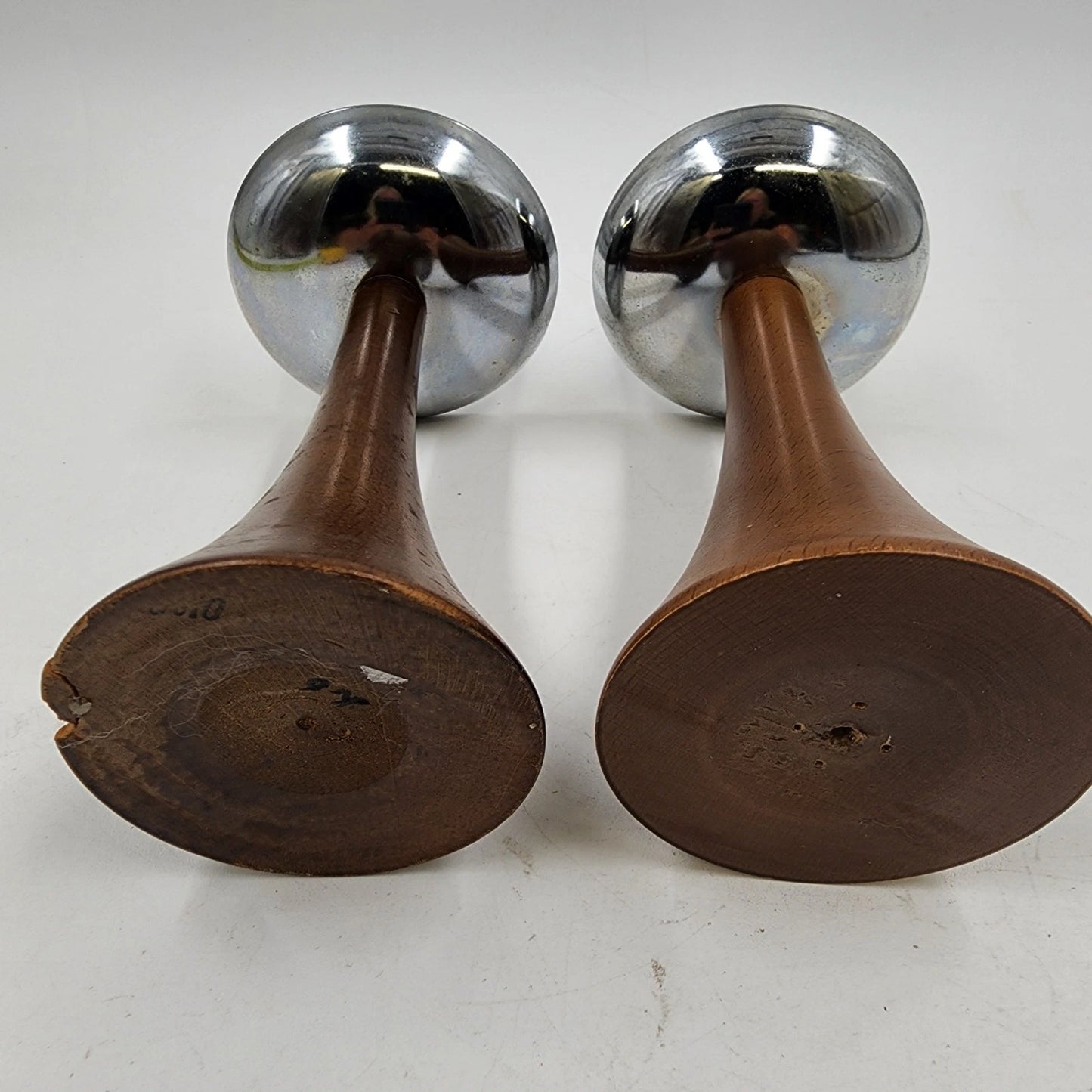 2 MCM Candle Holder Sticks Teak Wood Chrome Uppers 8.5" Danish Modern Vtg AS IS