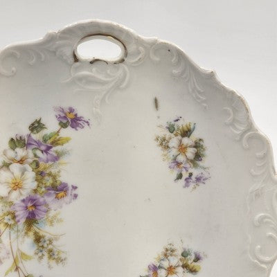 White Porcelain Platter Purple Floral Scalloped Edge Handles 9.5"