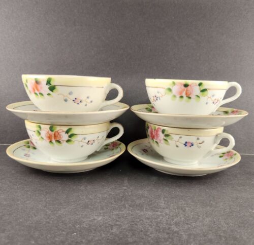 TT Triangle 4 Cup & Saucer Sets Pink & Yellow Roses Antique Japan 1 Cup Chipped