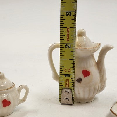 10pcs Miniature Tea Set White Red Heart Chintz Decal Gold Trim 4.5"x3" Taiwan