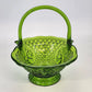 Vintage Fenton Green Glass Basket Diamond Fruit Ruffled Edge Bowl