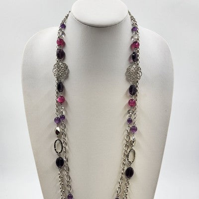 Silver Tone Chains w Multicolor Beads & Filigree Accents Double Strand Necklace