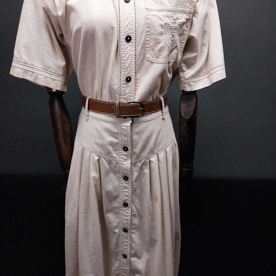 Liz Claiborne Chic Beige Cotton Shirt Dress Button Front with Belt Pockets Sz 4