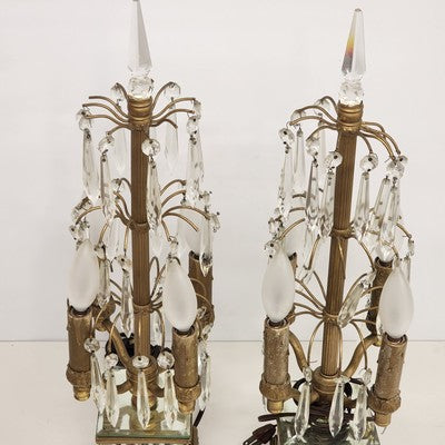 2 Gilt Brass Candelabra Table Lamps Antique Drop Crystal Prisms 4 Candle Lights