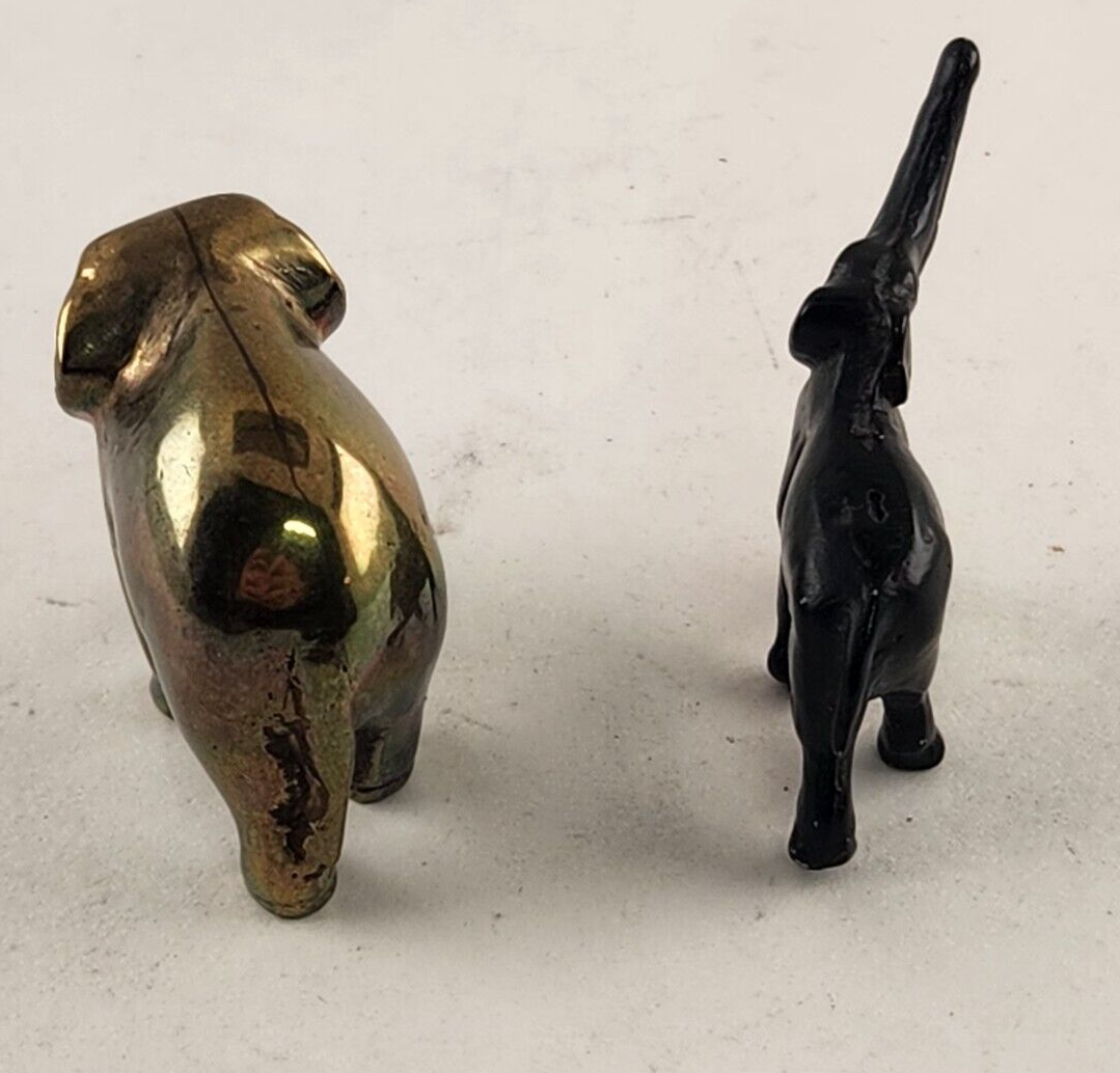 2 Metal Elephants Miniature Black & Brass Good luck Figure Statue Truck Up Down