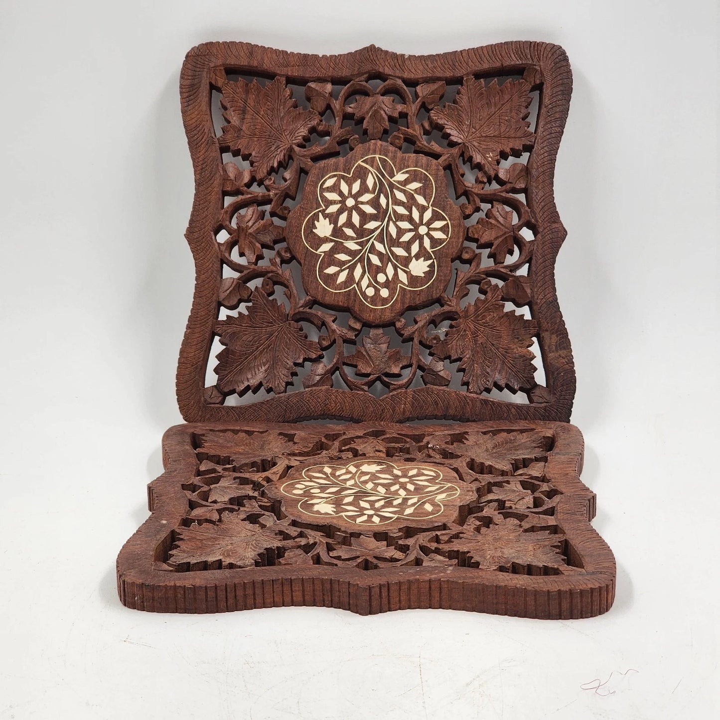 2 Hand Carved Wood Trivets 8" Gold Inlay Floral Leaf Design Scrolled Sides India