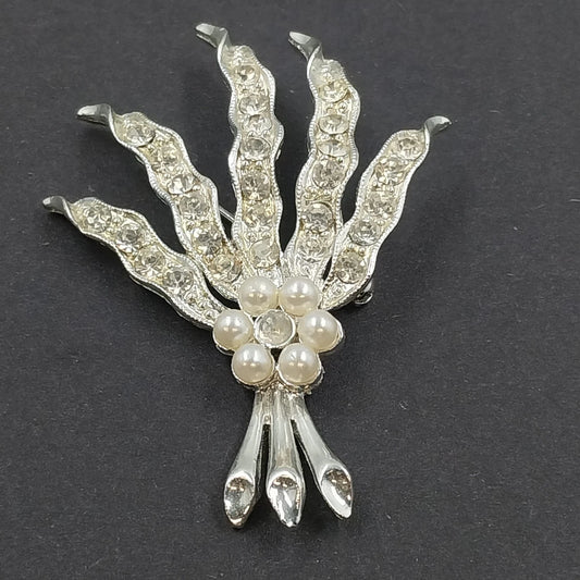Silver Tone Floral Spray Brooch Rhinestone Faux Pearl Vintage Missing Pearl