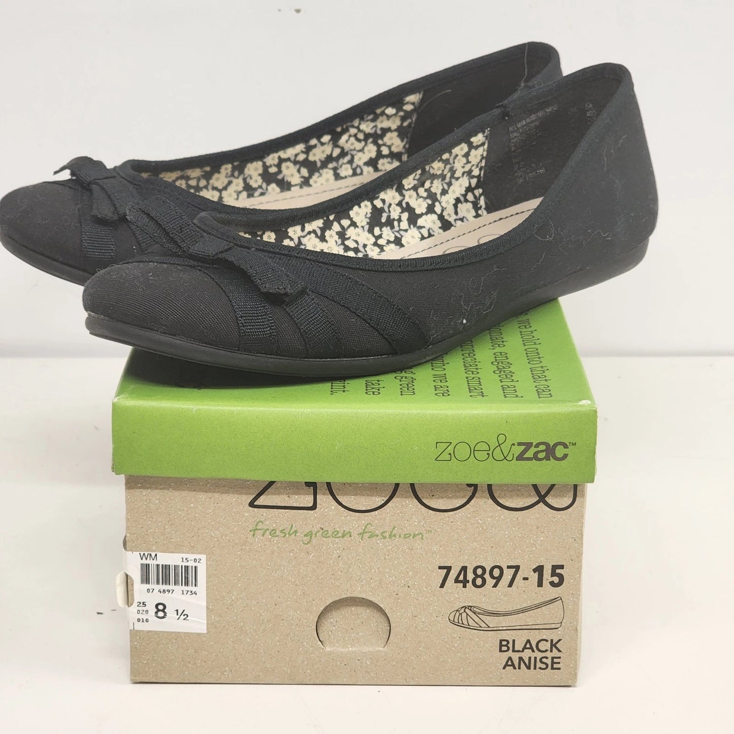 Zoe & Zac Ballet Flats Black Canvas Bow Slip On Comfort Shoes Women’s 8.5