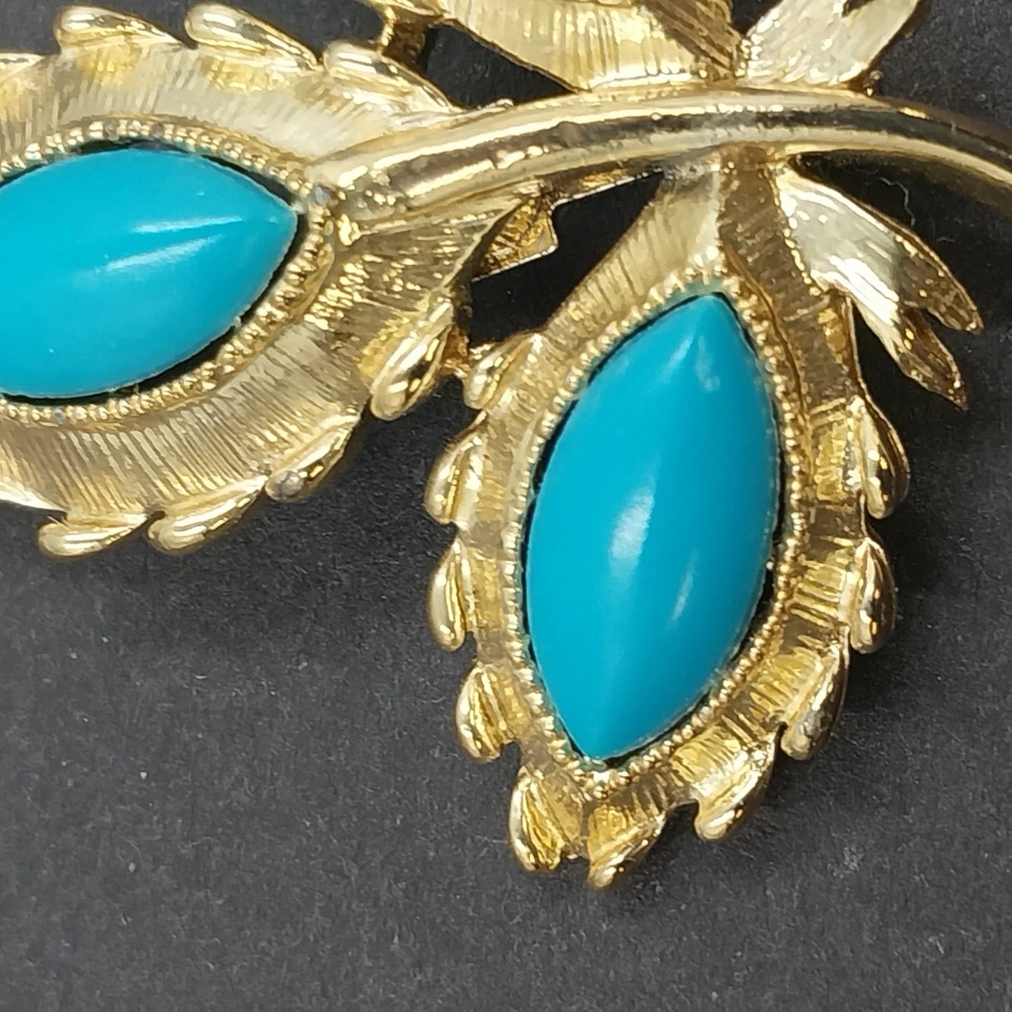 Gold Tone Leaf Brooch Blue Faux Turquoise Marquise Cabochon Floral Pin Vintage