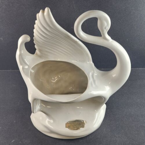 White Ceramic Swan Planter by Maddux of CA 1950s Bracket for Adding Light 12"h